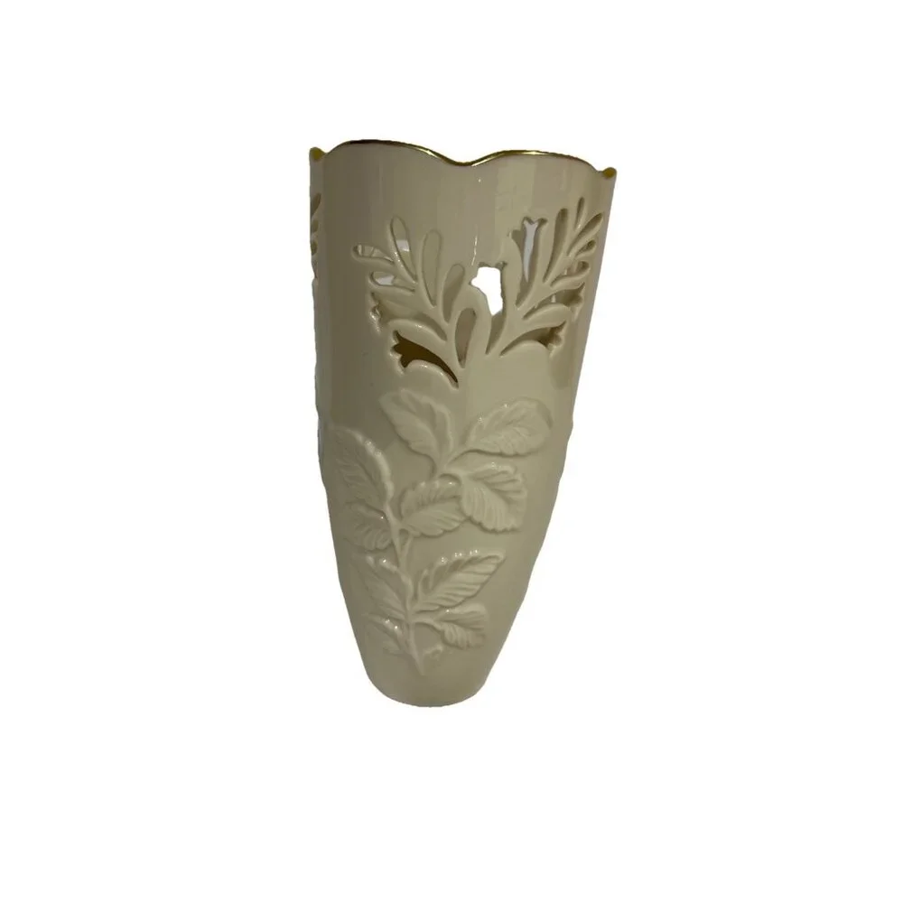Lenox Westbury Vase  Embossed Leaf Pierced Cutout Ivory Gold Trim 6 7/8